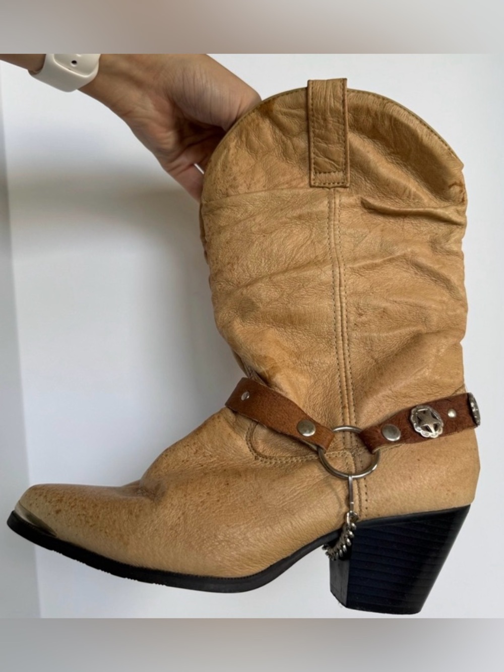 Vintage Dingo Leather Western Heeled Boots 7 Tan Silver Hardware